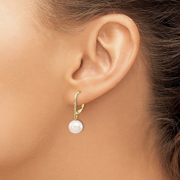 14k 8-9mm White Round FWC Pearl .05ct Diamond Leverback Earrings - Picture 3 of 4
